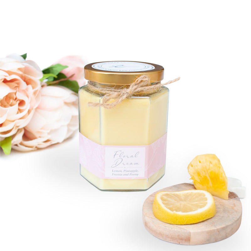 floral dream beeswax candle, infused with Lemon, Pineapple, Freesia and Peony scents.